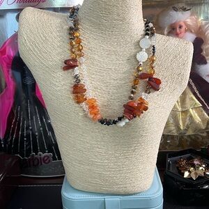 Gorgeous Artisan made canelian, Amber, carved mop and ab crystal Necklace 16”